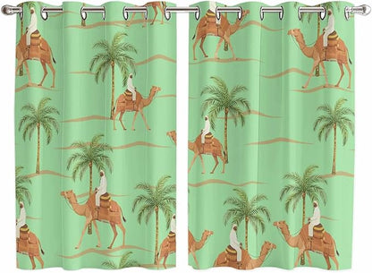2 Panel Kitchen Cafe Curtains, Desert Camels Sunlight Filtering Nature Air Through, Home Decor Window Covering Tier Curtains for Living Room 104W x 63L inch Tropical Date Palm Trees Animal Green
