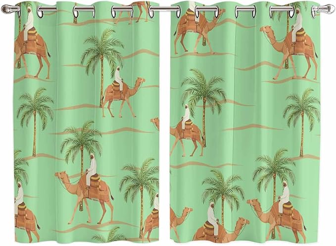 2 Panel Kitchen Cafe Curtains, Desert Camels Sunlight Filtering Nature Air Through, Home Decor Window Covering Tier Curtains for Living Room 104W x 72L inch Tropical Date Palm Trees Animal Green