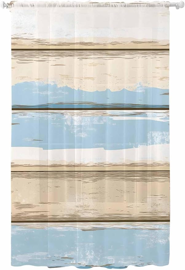 Sheer Curtains 84 Inches Long, Vintage Geometric Blue Semi Sheer Curtains Light Filtering Window Treatment, Abstract Country Shabby Wood Grain Privacy Voile Drapes for Living Room Bedroom 52x84 Inch