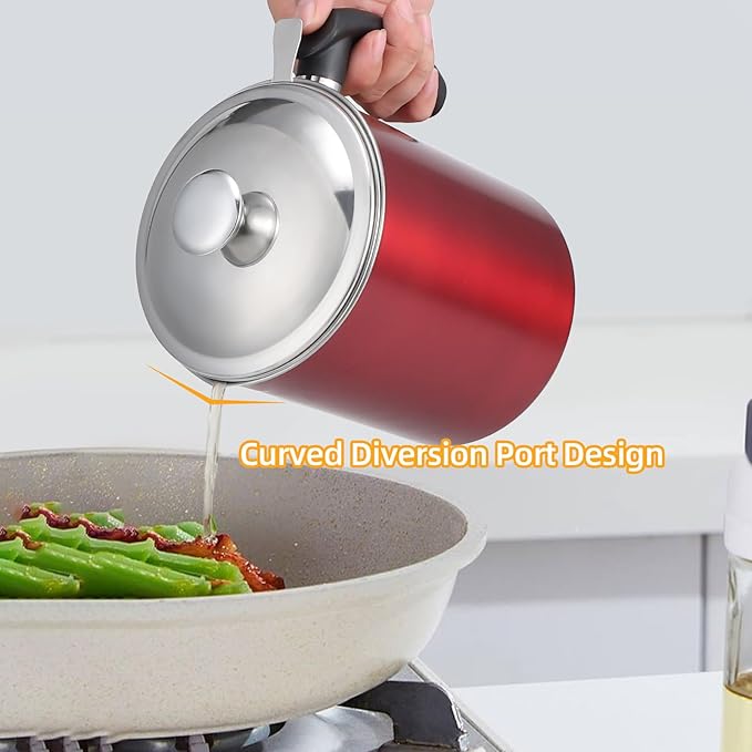 Kaemi 2.2L / 74OZ Bacon Grease Container with Strainer, Red Grease Keeper Can Oil Storage Catcher for Kitchen with Lid and Easy Grip Handle for Storing Meat Frying and Cooking Oil