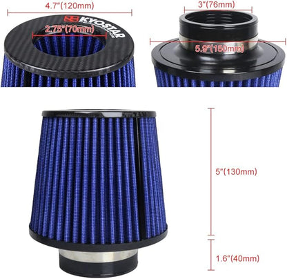 KYOSTAR Carbon Fiber 3" (76mm) High-Flow Air Filter, Reusable Cone Cold Air Intake, High Performance, Washable, Clamp-On High Flow Air Kit, Flange Diameter: 3 Inch, Filter Height: 6.7 Inch, Blue