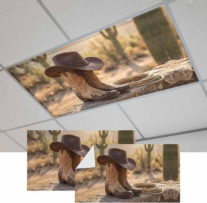 Fluorescent Light Covers, Cowboy Western Magnetic Light Covers for Ceiling Lights, Cowboy Hats Boots Desert Cacti Vintage Fluorescent Ceiling Shade Filters for Classroom Bedroom Office 4x2Ft x 2PCS