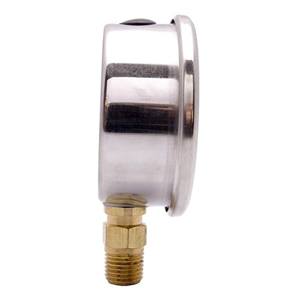 2-1/2" Oil Filled Pressure Gauge - Stainless Steel Case, Brass, 1/4" NPT, Lower Mount Connection, 0-15PSI