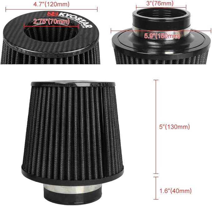 KYOSTAR Carbon Fiber 3" (76mm) High-Flow Air Filter, Reusable Cone Cold Air Intake, High Performance, Washable, Clamp-On Car High Flow Dry Air, Flange Diameter: 3 Inch, Filter Height: 6.7 Inch, Black