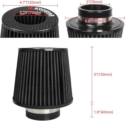 KYOSTAR Carbon Fiber 3" (76mm) High-Flow Air Filter, Reusable Cone Cold Air Intake, High Performance, Washable, Clamp-On Car High Flow Dry Air, Flange Diameter: 3 Inch, Filter Height: 6.7 Inch, Black