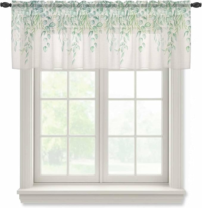 Green Leaf Sheer Valance Curtains, Eucalyptus Leaves Vintage Linen Texture Spring Plant Light Filtering Kitchen Valances Rod Pocket Voile Curtain Treatment for Bedroom/Living Room/Basement 42Wx18L