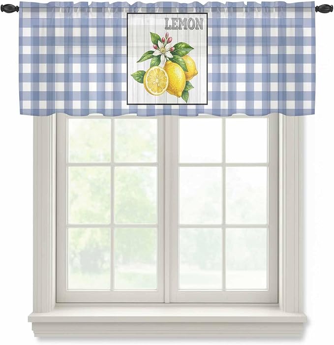 Lemon Sheer Valance Curtains, Summer Fruit Floral Wood Grain Blue Plaid Light Filtering Kitchen Valances Rod Pocket Voile Curtain Window Treatment for Bedroom/Living Room/Basement 42Wx12L