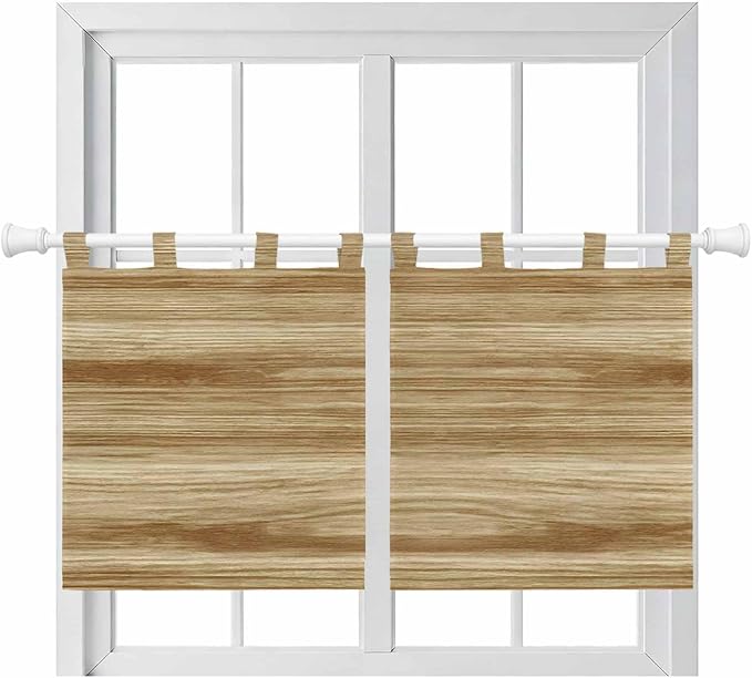 Light Brown Wood Grain Kitchen Curtains 24 Inch Length, Small Window Curtains Tab Top, Western Farmhouse Barn Door Light Filtering Short Window Treatments Tier Drapes 27.5"x24" 2 Panel