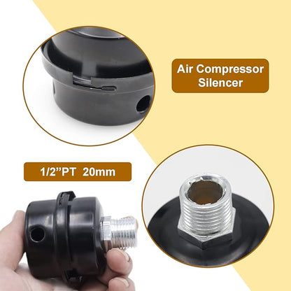 Pack of 2 Air Compressor Silencer with Replacement Elements, 1/2" Thread Air Compressor Intake Filter Silencer, 20mm Metal Air Compressor Filter Noise Muffler Replacement Parts