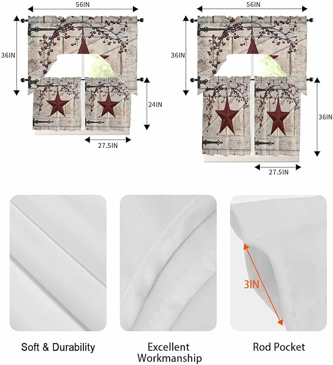 Village Stars Swag Kitchen Curtains Valance and Tier Set, Vintage Dark Red Star Berry Beige Barn Doors Light-Filtering Swag Valance 36 Inch Length, Rod Pocket Short Curtain for Bedroom Cafe
