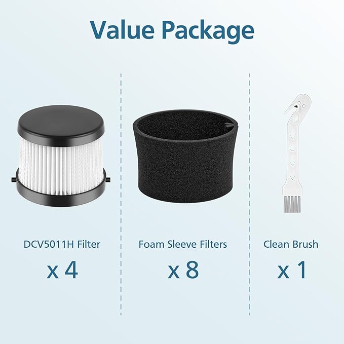 DCV501HB DCV5011H HEPA Vacuum Filter Compatible with DEWALT DCV501HB 20V Vacuum Cordless Handheld Vacuum, 4 Packs Vacuum Filter with 8 Foam Sleeve Filters & 1 Brush