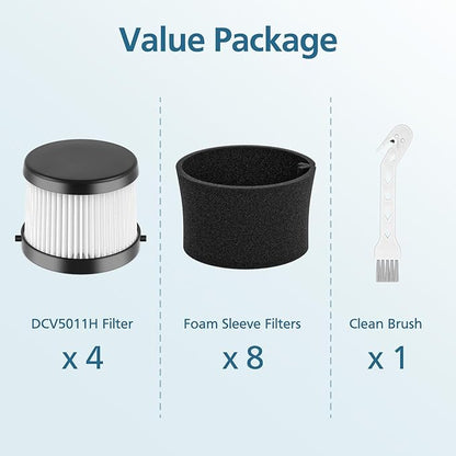 DCV501HB DCV5011H HEPA Vacuum Filter Compatible with DEWALT DCV501HB 20V Vacuum Cordless Handheld Vacuum, 4 Packs Vacuum Filter with 8 Foam Sleeve Filters & 1 Brush