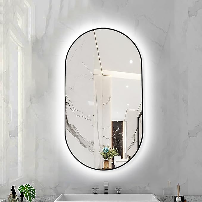 Oval LED Illuminated Bathroom Mirror, Wall-mounted Vanity Makeup Mirror with Demister Pad, 3 Dimmable Color Temperatures & Touch Control, Metal Frame Anti-Fog Lighted Wall Mirror ( Color : Black Frame