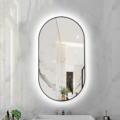Oval LED Illuminated Bathroom Mirror, Wall-mounted Vanity Makeup Mirror with Demister Pad, 3 Dimmable Color Temperatures & Touch Control, Metal Frame Anti-Fog Lighted Wall Mirror ( Color : Black Frame