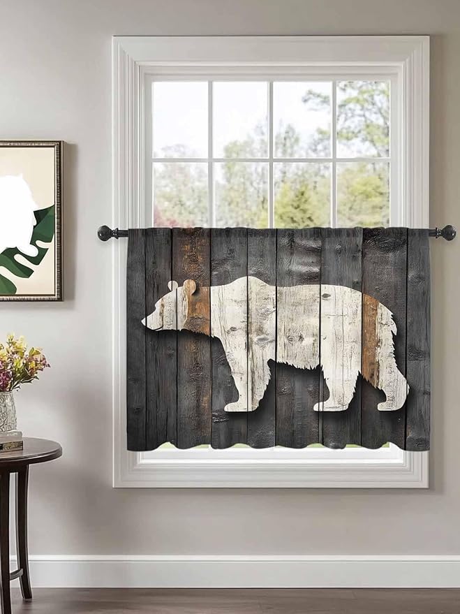 Sheer Curtains 45 Inch Length, Vintage White Brown Bear Semi Sheer Curtains Light Filtering Window Treatment, Retro Country Rustic Wood Grain Privacy Voile Drapes for Living Room Bedroom 52x45 Inch