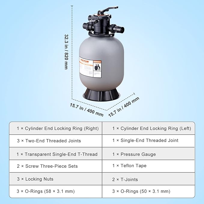 VEVOR 25023BX 16-inch, Up to 35 GPM Flow Rate, Above Inground Swimming Pool Sand System with 7-Way Multi-Port Valve, Filter, Backwash, Rinse, Recirculate, Waste, Winter, Closed Functions, Gray