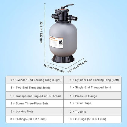 VEVOR 25023BX 16-inch, Up to 35 GPM Flow Rate, Above Inground Swimming Pool Sand System with 7-Way Multi-Port Valve, Filter, Backwash, Rinse, Recirculate, Waste, Winter, Closed Functions, Gray