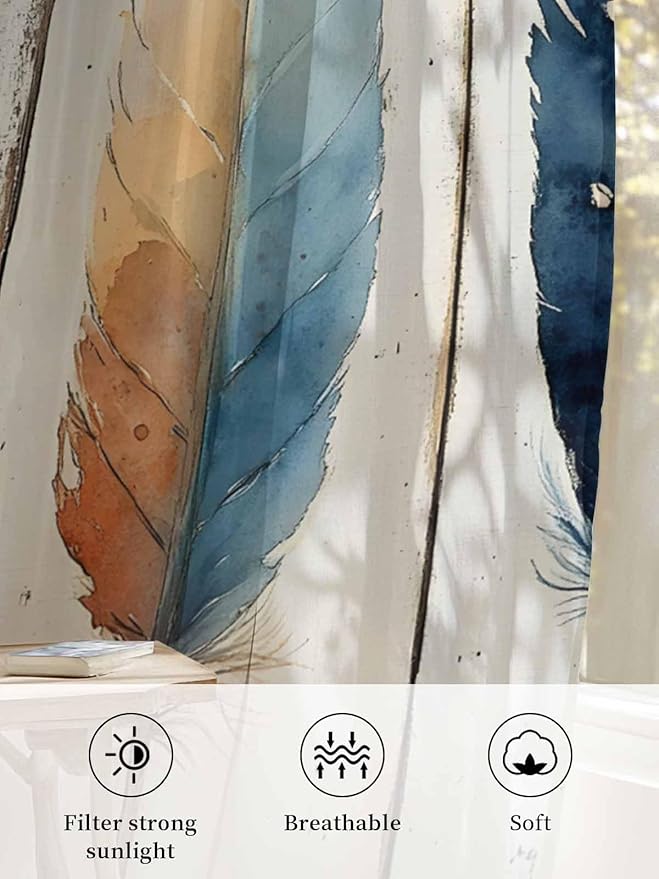 Sheer Curtains 84 Inches Long, Blue Brown Feathers Semi Sheer Curtains Light Filtering Window Treatment, Boho Ombre Vintage Wooden Grain Privacy Voile Drapes for Living Room Bedroom 52x84 Inch