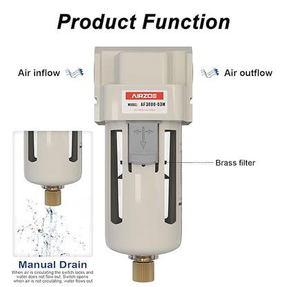 AIRZOE 3/8" NPT Air Dryer for Compressor - Air Compressor Water Separator AF3000-03, Manual Drain,5 Micron Brass Element, Poly Bowl