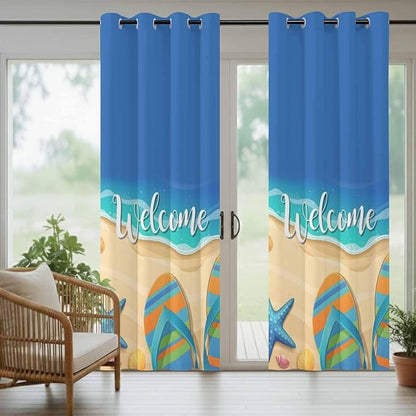 Summer Outdoor Curtains for Patio Beach Slippers Plumeria Waterproof Outside Curtains with Grommet Top Weatherproof Curtain for Cabana Pergola Gazebo, 2 Pack, 54" W x 84" L