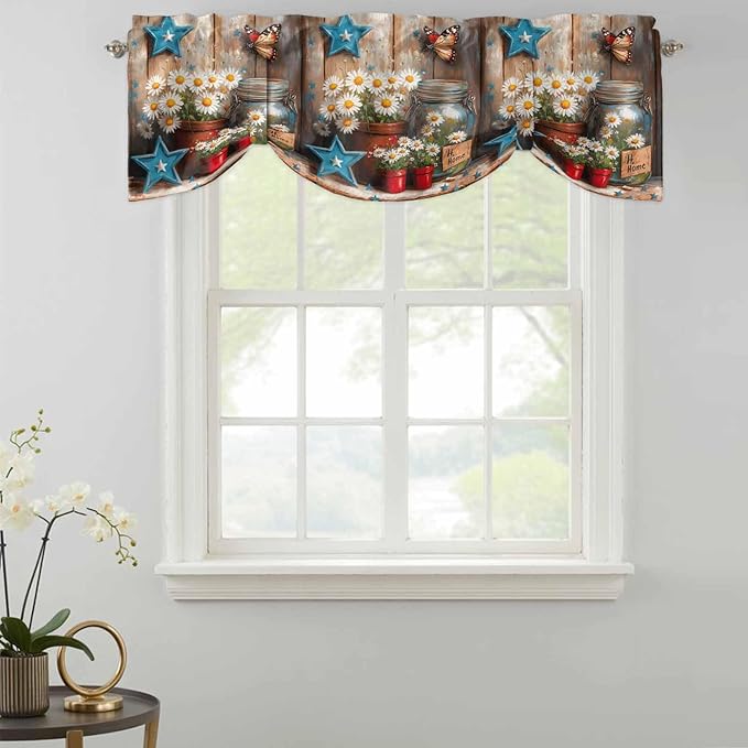 Country Flower Tie Up Valance for Window, Western Texas Star Butterfly Barn Door Adjustable Balloon Window Shade Valance Curtain for Kitchen Cafe Bathroom Window Treatment Panel 42''x18''