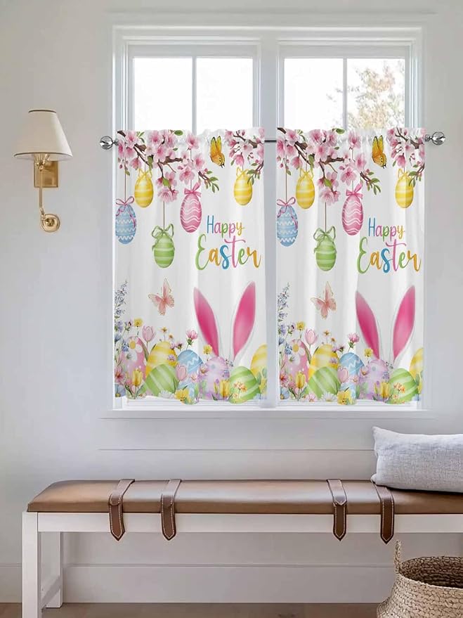 Happy Easter Kitchen Curtains 45 Inches length, Spring Watercolor Bunny Eggs Flower Branch Window Treatment Curtain Drapes, Lightweight Window Panels for Living Room Bedroom, 52"x45", 2 Panels