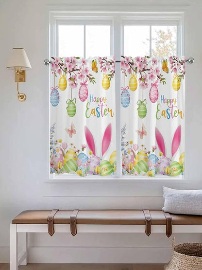 Happy Easter Tier Curtains 45 Inches Long, Spring Watercolor Bunny Eggs Flower Branch Window Treatment Curtain Drapes, Window Half Privacy Curtains for Bedroom Bathroom, 42"x45", 2 Panels