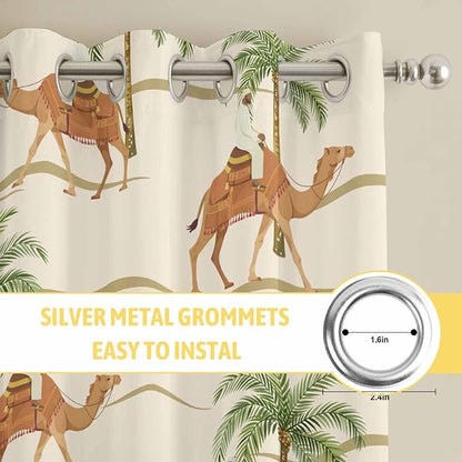 2 Panel Kitchen Cafe Curtains, Date Coconut Tree Sunlight Filtering Nature Air Through, Home Decor Window Covering Tier Curtains for Bedroom Living Room Desert Camels Botanical Tropical Beige