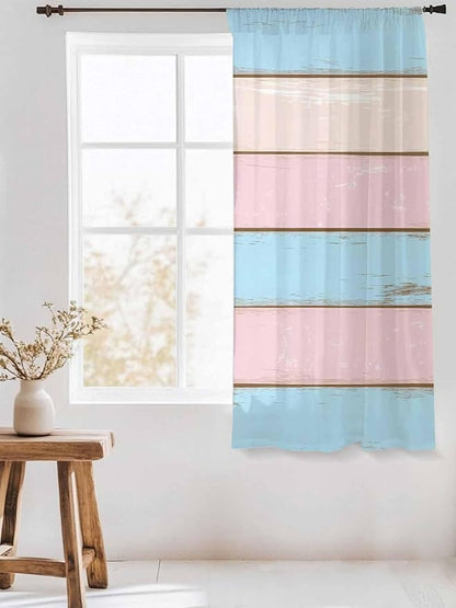 Sheer Curtains 72 Inches Long, Pink Blue Wood Grain Semi Sheer Curtains Light Filtering Window Treatment, Farmhouse Country Shabby Striped Privacy Voile Drapes for Living Room Bedroom 52x72 Inch