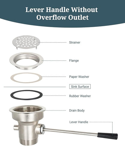 3-1/2 Inch Commercial Sink Drain with Lever Handle Kitchen Sink Opening Waste Drain Valve Stopper Prevents Sink Clogged Overflow for 1/2/3 Compartment Sink Style Drains