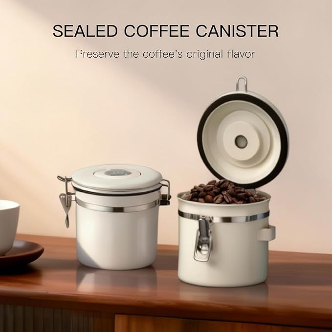 MEGAWISE Coffee Canister Stainless Steel – 1.2L Coffee Storage Container with CO₂ Release Valve & Date Tracker, Vacuum-Sealed Food Canister for Beans, Grounds, Tea, Sugar, Nuts