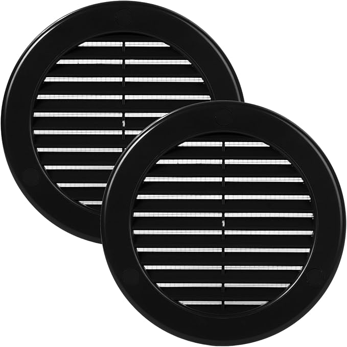 Vent Systems 4" Inch (Opening Dimensions) - Pack of 2 - Black Soffit Vent Cover - Plastic Round Air Vent Grille - Built-in Mesh Screen - HVAC Register Louver for Bathroom, Home, Kitchen