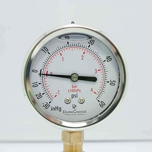 4" Oil Filled Vacuum Pressure Gauge - Stainless Steel Case, Brass, 1/2" NPT, Lower Mount Connection, 30HG/60PSI