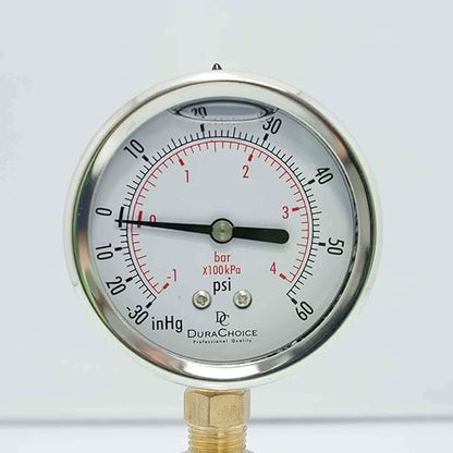 4" Oil Filled Vacuum Pressure Gauge - Stainless Steel Case, Brass, 1/2" NPT, Lower Mount Connection, 30HG/60PSI