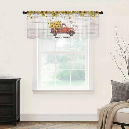 Farmhouses Sunflowers Sheer Valance Curtains, Retro Floral Leaves Red Truck Wood Grain Light Filtering Kitchen Valances Rod Pocket Voile Curtain Treatment for Bedroom/Living Room/Basement 60Wx18L