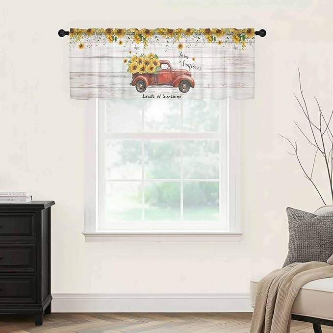 Farmhouses Sunflowers Sheer Valance Curtains, Retro Floral Leaves Red Truck Wood Grain Light Filtering Kitchen Valances Rod Pocket Voile Curtain Treatment for Bedroom/Living Room/Basement 42Wx18L