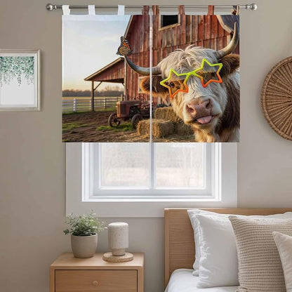 Farm Yaks Bedroom Curtains 63 Inch Length, Window Curtains Tab Top, Farmhouse Barn Funny Animals Butterfly Light Filtering Window Treatments Drapes 42"x63" 2 Panel