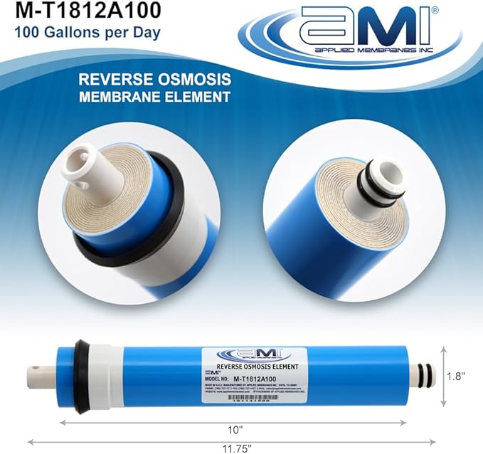 APPLIED MEMBRANES INC. 100 GPD Reverse Osmosis Membrane | RO Membrane Water Filter Replacement for Reverse Osmosis Water Filtration System | 1.8” x 12” Universal Compatibility | Made in USA