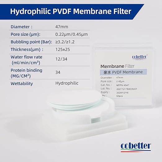 100 Pieces/Pack PVDF Disc Membrane Filters Hydrophilic 47mm Diameter 0.45µm Pore Size