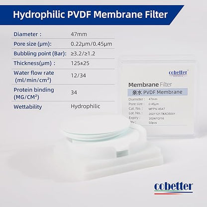 100 Pieces/Pack PVDF Disc Membrane Filters Hydrophilic 47mm Diameter 0.45µm Pore Size