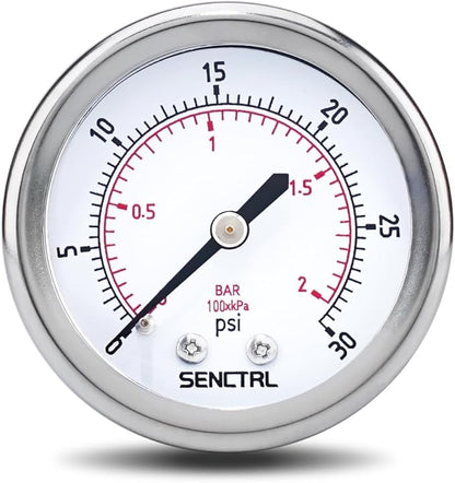 SENCTRL 0-30 Psi Low Pressure Gauge, 2" Dial Size, 1/4 NPT Back Mount, Waterproof, Stainless Steel Case, for Water Oil Air Pressure Test