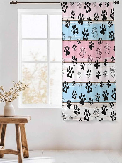 Sheer Curtains 63 Inch Length, Pink Blue Paw Print Semi Sheer Curtains Light Filtering Window Treatment, Vintage Farmhouse Wooden Grain Privacy Voile Drapes for Living Room Bedroom 52x63 Inch