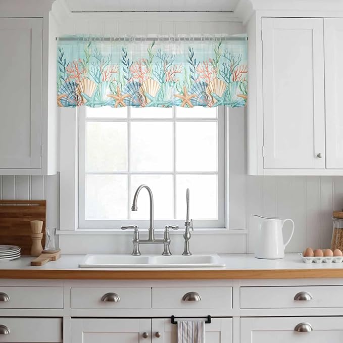 Summer Beach Sheer Valance Curtains, Green Ocean Colorful Coral Shell Seaweed Starfish Light Filtering Kitchen Valances Rod Pocket Voile Curtain Treatment for Bedroom/Living Room/Basement 54Wx18L