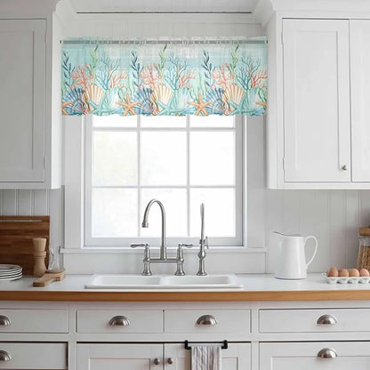 Summer Beach Sheer Valance Curtains, Green Ocean Colorful Coral Shell Seaweed Starfish Light Filtering Kitchen Valances Rod Pocket Voile Curtain Treatment for Bedroom/Living Room/Basement 54Wx18L