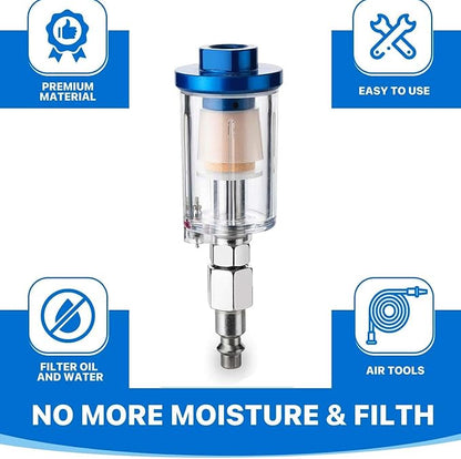 Air Compressor Moisture Separator Filter,For Air Line Compressor Fitting, Clear Glass with Blue Aluminum Cap, 1/4 Inch NPT Connection, 2 Pack
