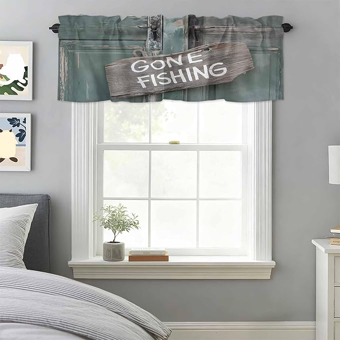 Gone Fishing Valances for Windows, Bronze Wood Grain Kitchen Valance Light Filtering Rod Pocket Short Curtains for Kitchen Bathroom, 1 Panel, 56"x16"