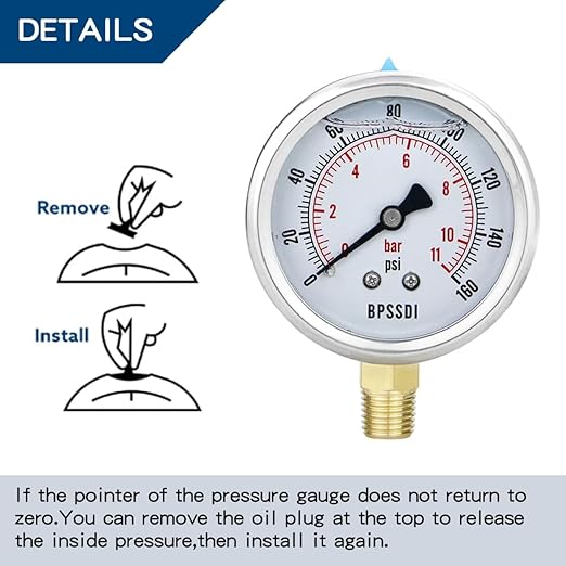 0-160 Psi Lead-Free Glycerin Liquid Filled Low Pressure Gauge, 2.5" Dial Size, 1/4" G Lower Mount, 304 Stainless Steel Case, for Water Pipe, HVAC, Water Oil Air Pressure Test