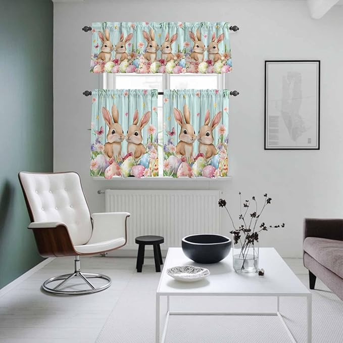 Easter Kitchen Curtains Set 3 Piece for Windows, Rod Pocket Valance and Tier Set 24 Inch Length, Spring Rabbit Colorful Eggs Flowers Wooden Grain Light Filtering Cafe Curtains for Living Room Bathroom