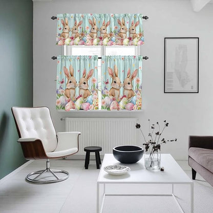 Easter Kitchen Curtains Set 3 Piece for Windows, Rod Pocket Valance and Tier Set 24 Inch Length, Spring Rabbit Colorful Eggs Flowers Wooden Grain Light Filtering Cafe Curtains for Living Room Bathroom