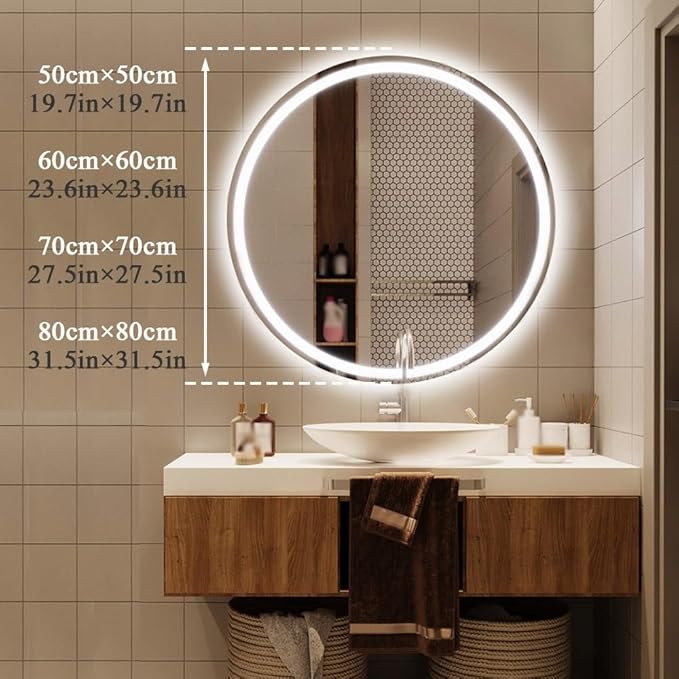 LTSRLL Frameless Illuminated LED Bathroom Wall Mirror with Touch, Demister Pad and Dimmable Lights & 3 Colors for Makeup Shaving and Bath Vanity IP44(Translucent,80cm/31.5in)